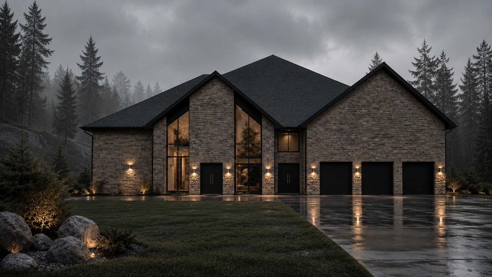 Stone house with tall black-framed windows at dusk, surrounded by fir trees in mist